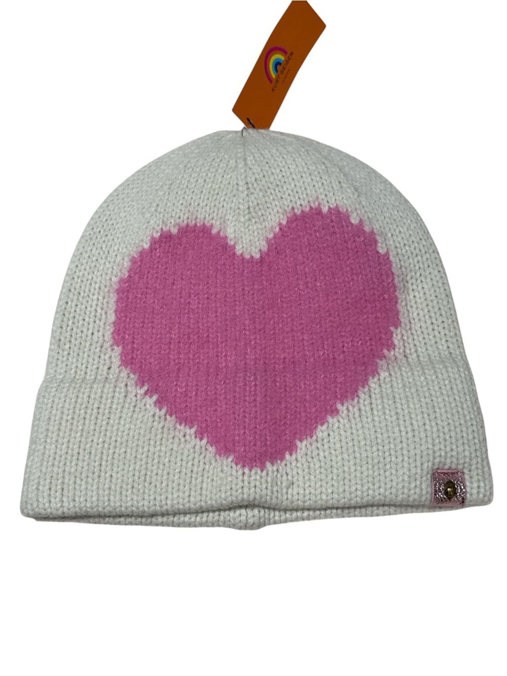Kurt Geiger White Knit Beanie with Pink Heart - Cozy Winter Hat